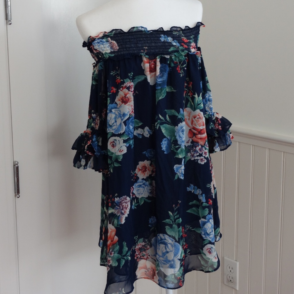 Off the Shoulder Blue Floral Dress